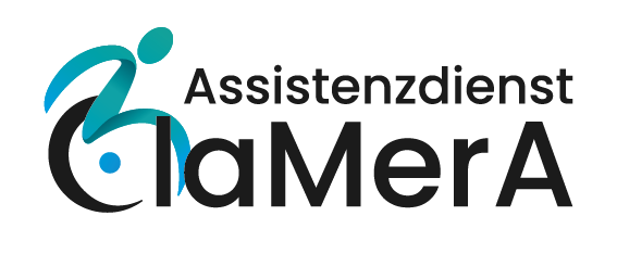 Logo mit stilisierter Person im Rollstuhl und Schriftzug Assistenzdienst laMerA auf weißem Hintergrund.