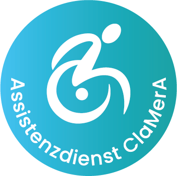 Weißes Rollstuhlsymbol mit abstrakter Figur, umgeben vom Text Assistenzdienst ClaMerA auf türkisem Kreis-Hintergrund.